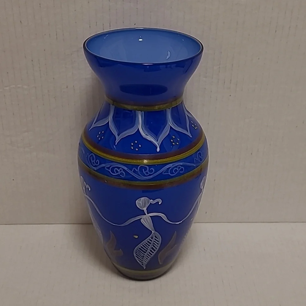 Vintage Colbalt Blue Handpainted Glass Vase